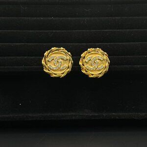 CHANEL 1984 CC Round Clip-On Earrings Gold & Crystals